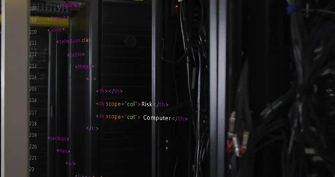 Camera panning over server rack while overlay updating security menu and network Stock Footage 310643874