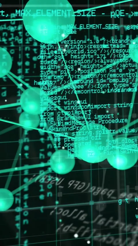 Camera panning over teal node network, nodes glowing, code scrolling, revealing Stock Footage 332598310