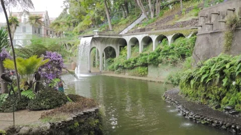 Camera panning over water feature in monte palace tropical garden Stock Footage 293158955