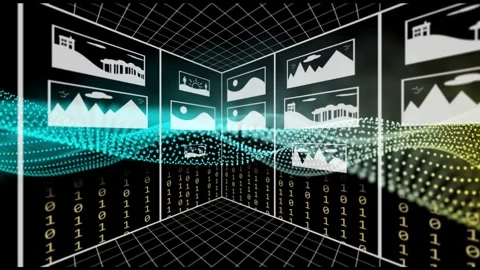 Camera panning, particle wave moving across grid, thumbnails appearing, forming Stock Footage 334729037