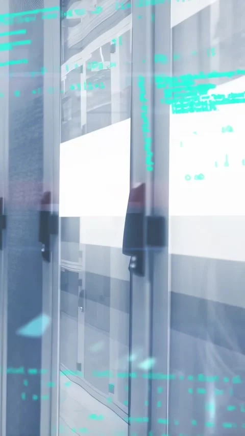 Camera panning past glass panels and handle while cyan code overlay shifting, Stock Footage 334396967