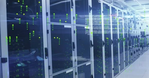 Camera panning past server racks starting green binary cascading over doors Stock Footage 317265044