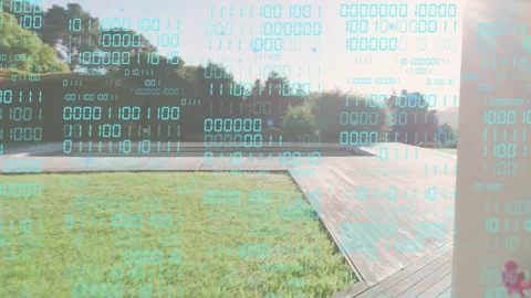 Camera panning porch pots sliding, revealing pool; teal binary overlay shifting Stock Footage 333509928