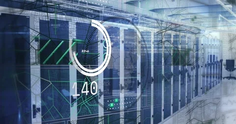 Camera panning racks, map and network emerging, gauge expanding and contracting Stock Footage 325837199