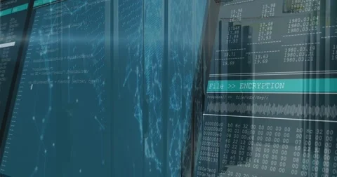 Camera panning racks, map shimmering, code flickering, encryption panel loading Stock Footage 317119167