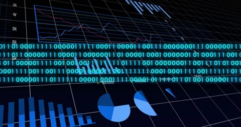 Camera panning revealing 3D data view while teal binary digits streaming for Stock Footage 311603797