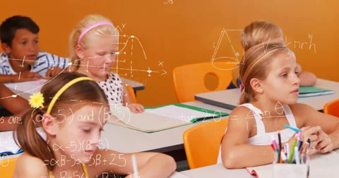 Camera panning revealing classmates solving math at desks with overlayed Stock Footage 312380871