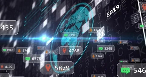 Camera panning revealing cyan globe ring spinning badges floating counts Stock Footage 322204673