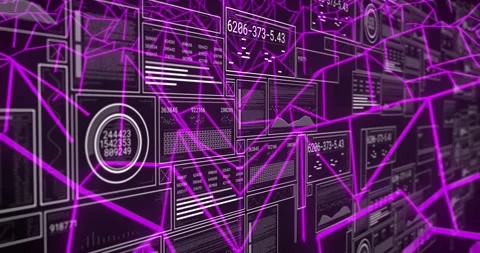 Camera panning revealing data panels while purple wireframe pulsing for Stock Footage 327585471