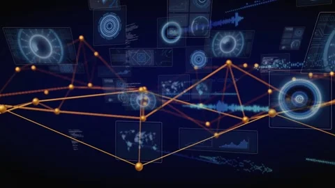 Camera panning revealing linked orange lines and golden nodes shifting, pulsing, Stock Footage 329114987