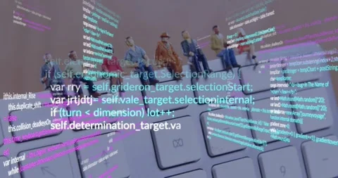 Camera panning revealing mini figures sitting on rod above keys, code sliding, Stock Footage 328384407