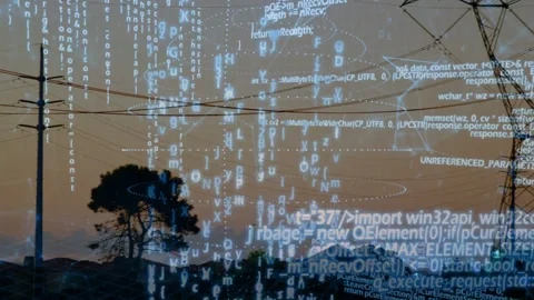 Camera panning revealing pole becoming towers, code overlay growing and mapping Stock Footage 332544778