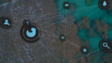 Camera panning revealing reef, interface icons fading and connecting, pulsing, Stock Footage 327280837