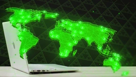 Camera panning revealing silver laptop while neon 3D map floating, nodes pulsing Stock Footage 334768380