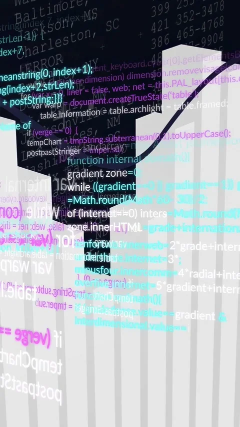 Camera panning revealing white 3D bars, RGB code overlays fading and scrolling Video stock 332845691
