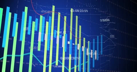 Camera panning right, 3D bar chart shifting, labels updating, trend line Stockbeeldmateriaal 328684944