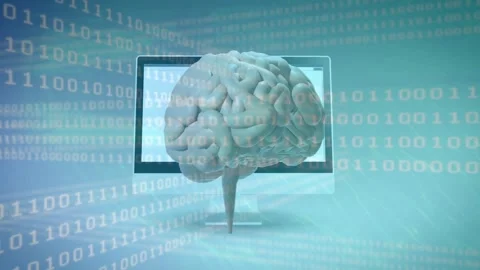 Camera panning right, 3Dbrain rotating toward monitor outline, binary, blue dots Stock Footage 334881787
