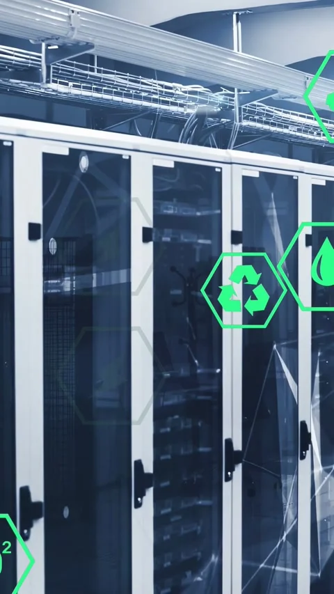 Camera panning right across data center, icons sliding and fading, showing CO2 Stock Footage 332985054