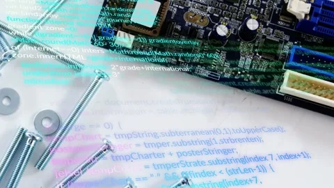 Camera panning right and down revealing PCB pins and screws while code overlay Vídeo Stock 332704308