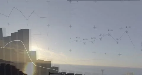 Camera panning right, block towers rising and aligning with data bars to Stock Footage 322204418
