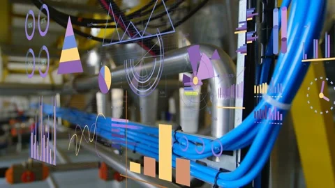 Camera panning right, bright blue data cables sliding toward edge with AR charts Stock Footage 333950171