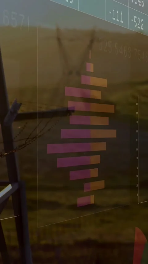 Camera panning right, clear energy overlay sliding, showing stacked bars for Stock Footage 332707261