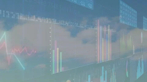 Camera panning right, dashboard shifting left, cloud drifting, tickers Stock Footage 333368050
