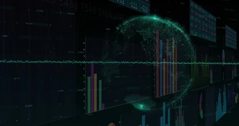 Camera panning right, data wall rotating with teal globe over bars, wave showing Stock Footage 334182725