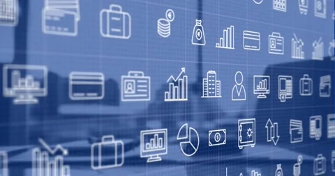 Camera panning right, finance icon grid sliding on glass, focus shifting Stock Footage 326974853