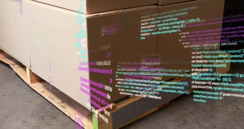 Camera panning right, pallet supporting stacked boxes showing floating code Video stock 328685654