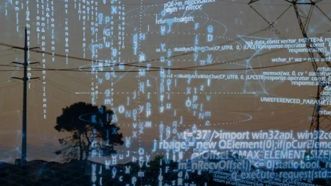 Camera panning right replacing pole with tower, code overlay intensifying Stock Footage 317369436