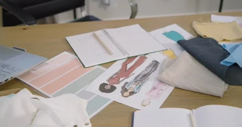 Camera is panning right to reveal layered fabric swatches and sketches on wooden Stock Footage 340674567