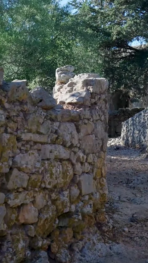 Camera panning right revealing ancient stone ruins Video stock 294963977