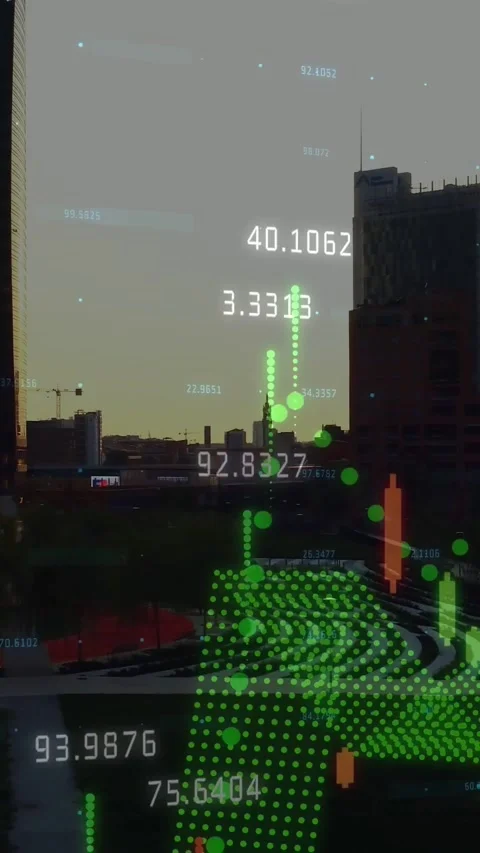 Camera panning right revealing curved glass tower, AR market data mapping onto Stock Footage 334397413
