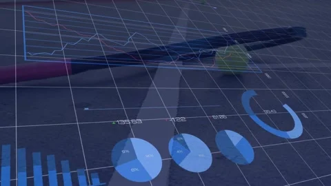 Camera panning right, revealing data HUD hovering and animating charts over pen Stock Footage 329836745