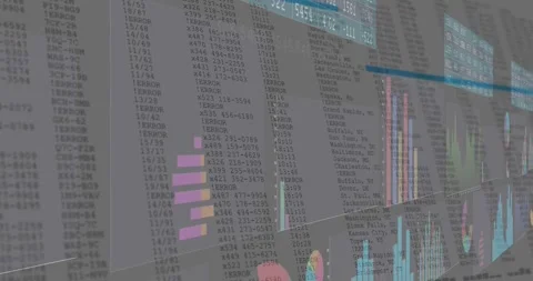 Camera panning right, revealing data wall with bars, columns and teal marker Stock Footage 330426071