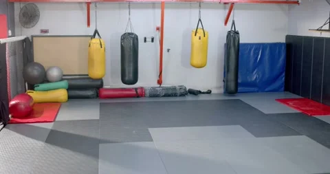Camera panning right revealing rollers and exercise balls and punching bags Stock Footage 338167507