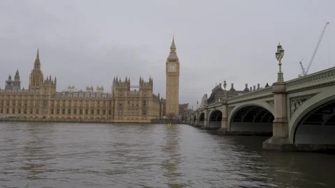 Camera panning right showing Big Ben and Westminster Bridge Stock Footage 289014219
