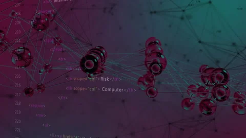 Camera panning right starting rotating 3D network graph revealing security terms Video stock 314741843
