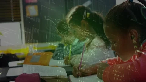 Camera panning right three students sitting writing in notebook to complete work Stock Footage 334033771
