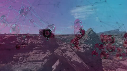 Camera panning, rock formation centering, glossy node grid drifting and Stock Footage 329454683