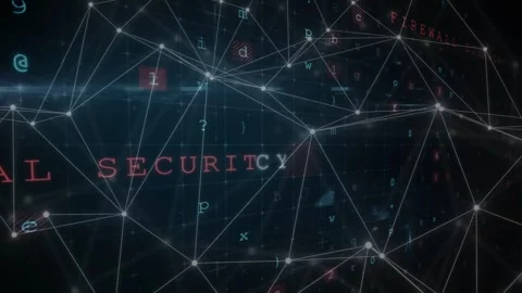 Camera panning, rotating 3D network mesh with pulsing nodes and malware alerts 스톡 동영상 335638740