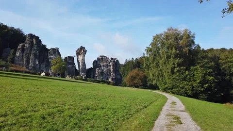 A camera panning on the sandstone cliffs of the Externsteine. Stock Footage 138161179