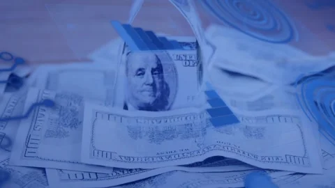 Camera panning up scattered $100 bills, folded bill forming arch, bars aligning Stock Footage 328396343