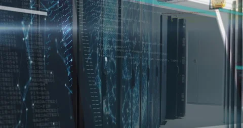 Camera panning server racks showing blue network nodes then overlaying code Stock Footage 315613460