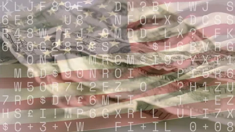 Camera panning shifting folded US flag over bills under code layer visualizing Stock Footage 311535133
