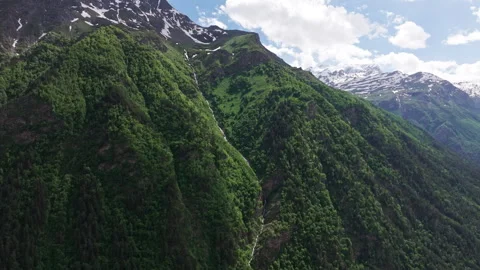 Camera panning showing beautiful mountain range with snow and greenery Stock-Footage 289658439