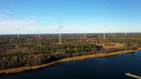 Camera panning showing wind farm generating clean energy, aerial view Stock Footage 289014092