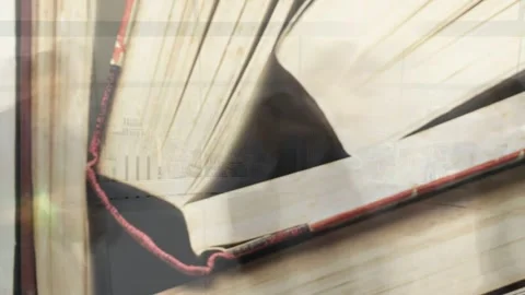 Camera panning, stack shifting revealing fanned pages, red bookmark sliding into Stock Footage 334466277