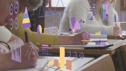 Camera panning starting data charts floating while students writing, using calc, Stock Footage 333318180